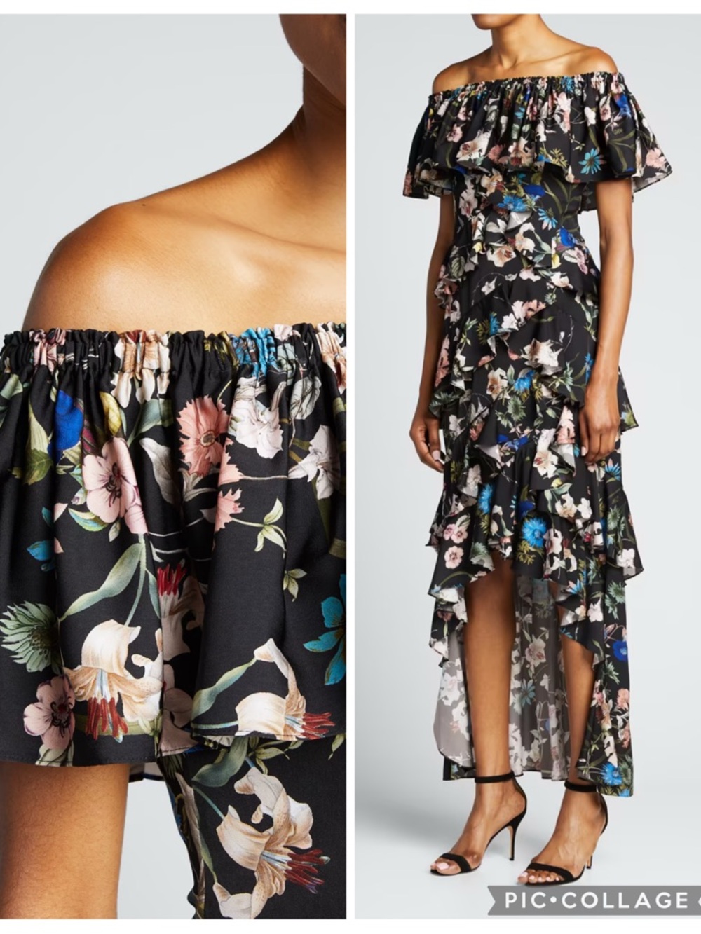 NWT Badgley Mischka Black Floral Off-Shoulder High-Low Ruffle Tiered Dress/Gown